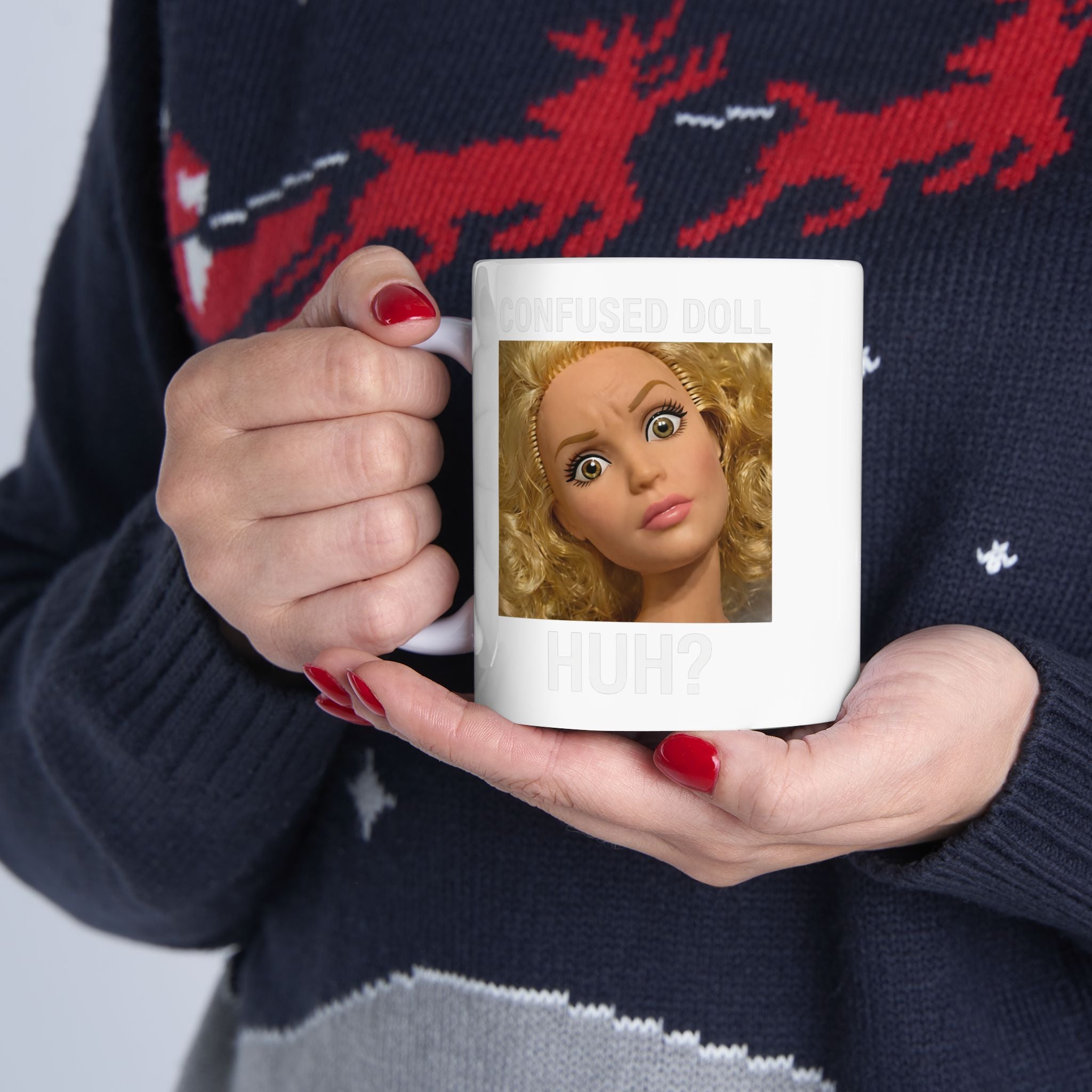 Funny Confused Doll “Huh?” Coffee Mug