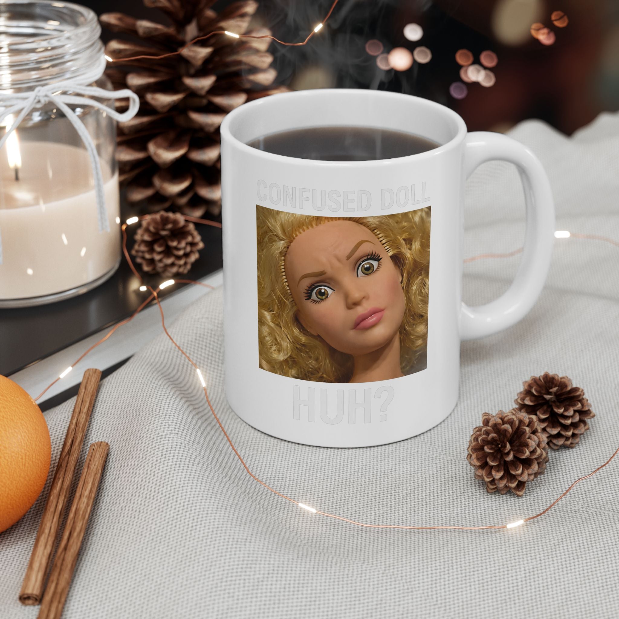 Funny Confused Doll “Huh?” Coffee Mug